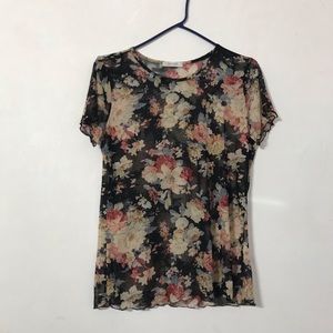 Black floral mesh see through sheer blouse skirt sleeve shirt